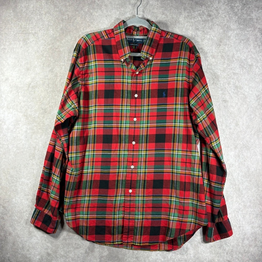 Polo Ralph Lauren Shirt Mens L Red Green Plaid Flannel Button Down Classic Fit